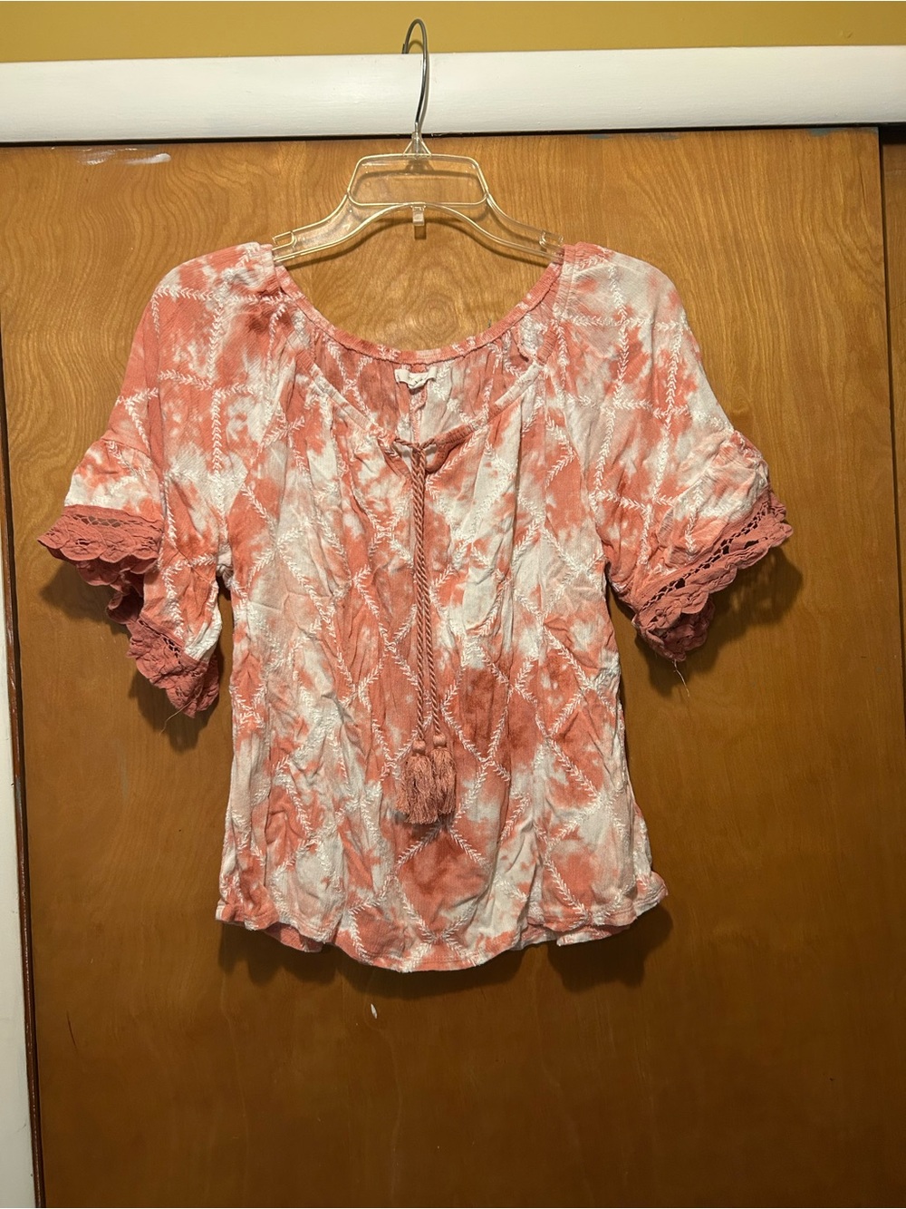 Maurices Coral and White Tie-Dye Peasant Top with Tassel